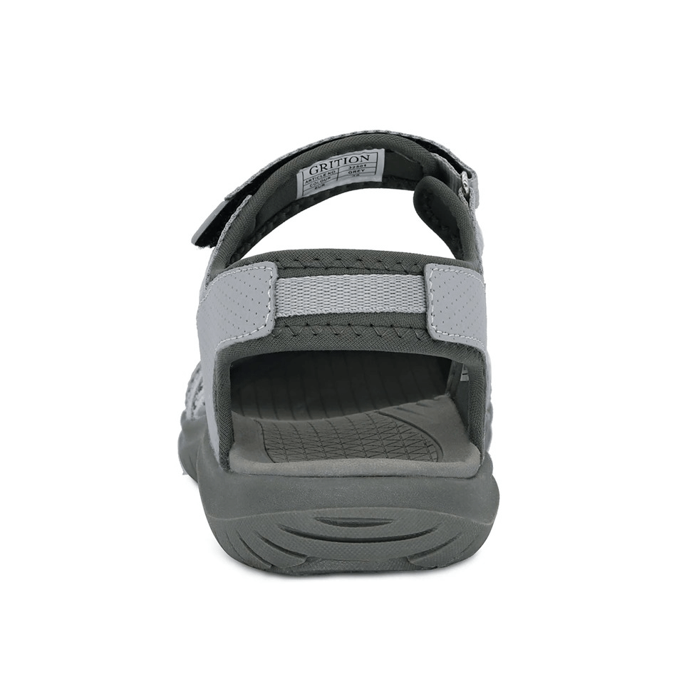 Back view of casual closed toe flat heel women's sandal in gray, featuring hook and loop closure, perfect for trekking and casual wear.